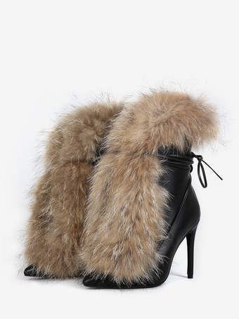 Botines negros de mujer con punta puntiaguda piel sintética cordones y tacón alto.