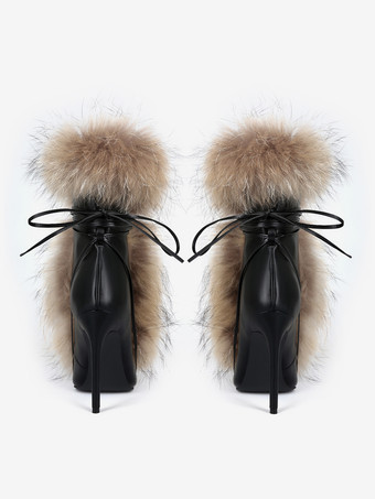 Botines negros de mujer con punta puntiaguda piel sintética cordones y tacón alto.