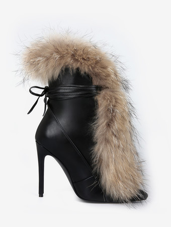 Botines negros de mujer con punta puntiaguda piel sintética cordones y tacón alto.