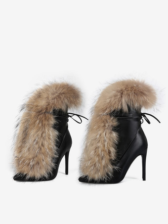 Botines negros de mujer con punta puntiaguda piel sintética cordones y tacón alto.