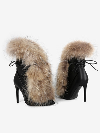 Botines negros de mujer con punta puntiaguda piel sintética cordones y tacón alto.