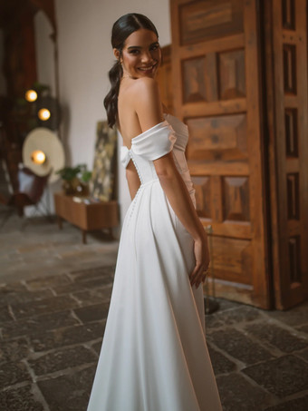 ツーピースウェディングドレス サテン生地 プリーツ Vネック ツーピース トレーン付き ジッパー 半袖 ロング アイボリー