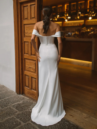 ツーピースウェディングドレス サテン生地 プリーツ Vネック ツーピース トレーン付き ジッパー 半袖 ロング アイボリー