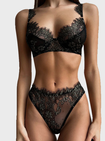 Set di 2 pezzi di lingerie in pizzo nero con reggiseno e slip