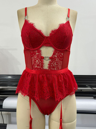 Rosso Lingerie Teddy Sexy Nero Senza Schienale con Ritagli per Donna