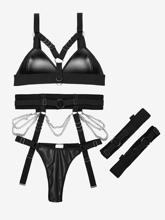 Negro de PUConjuntos de lencería de 3 piezas con sujetador y braguita negros con detalles de metal negro