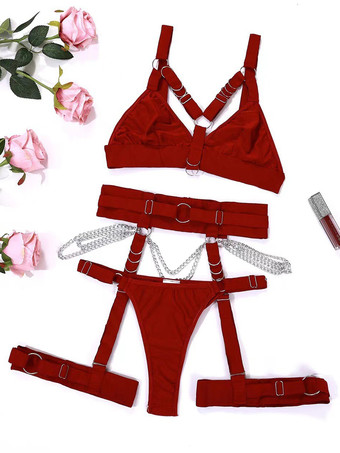 Color borgoñaConjuntos de lencería de 3 piezas con sujetador y braguita negros con detalles de metal negro