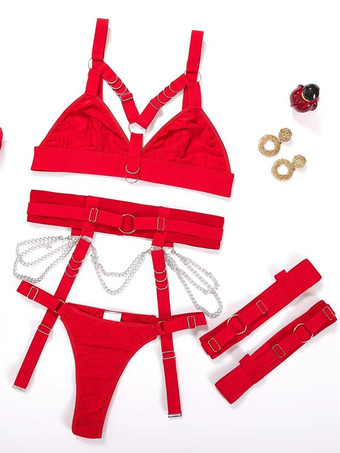 rojo Conjuntos de lencería de 3 piezas con sujetador y braguita negros con detalles de metal negro