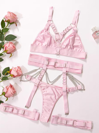 RosaConjuntos de lencería de 3 piezas con sujetador y braguita negros con detalles de metal negro