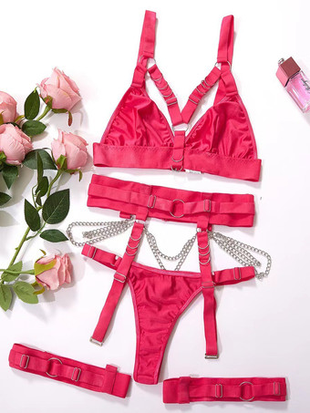 Rojo oradoConjuntos de lencería de 3 piezas con sujetador y braguita negros con detalles de metal negro