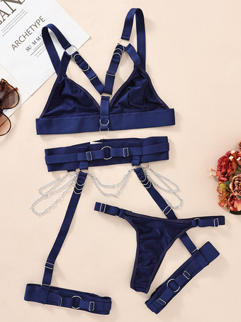 azul oscuro Conjuntos de lencería de 3 piezas con sujetador y braguita negros con detalles de metal negro