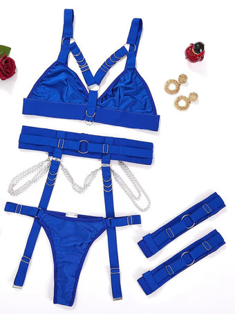 Azul franciaConjuntos de lencería de 3 piezas con sujetador y braguita negros con detalles de metal negro