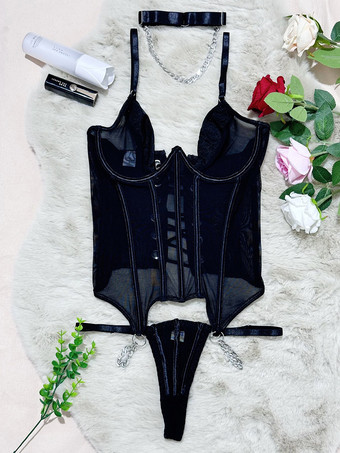 ブラック コルセットパンツセット バーガンディ ポリエステル バックレス レースアップ 室内用 セクシーランジェリーセット