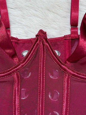 コルセットパンツセット バーガンディ ポリエステル バックレス レースアップ 室内用 セクシーランジェリーセット