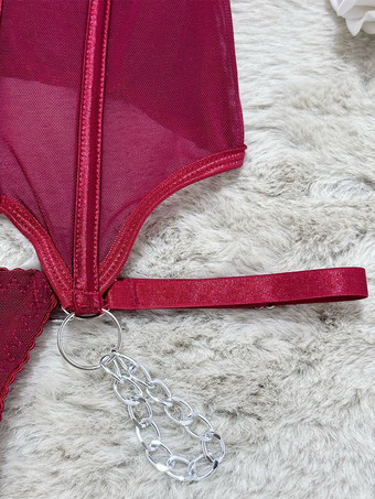 コルセットパンツセット バーガンディ ポリエステル バックレス レースアップ 室内用 セクシーランジェリーセット