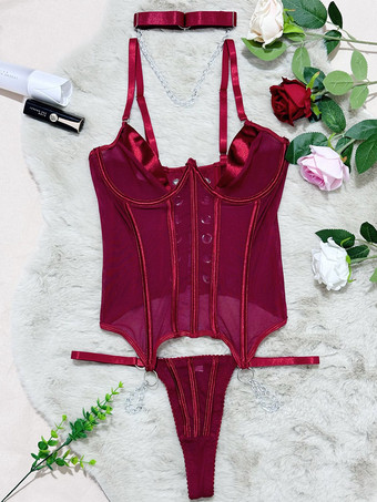 コルセットパンツセット バーガンディ ポリエステル バックレス レースアップ 室内用 セクシーランジェリーセット