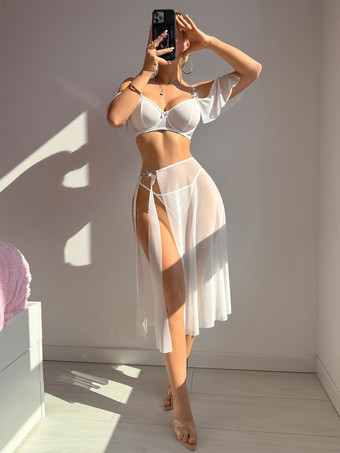 Pigiama in poliestere bianco a strati 3 pezzi reggiseno mutandine gonna lingerie da notte