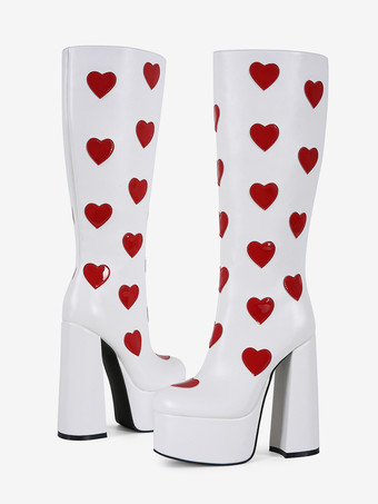 ホワイトニーハイブーツ プラスサイズ プラットフォーム ハート柄 チャンキーヒール GO GOブーツ