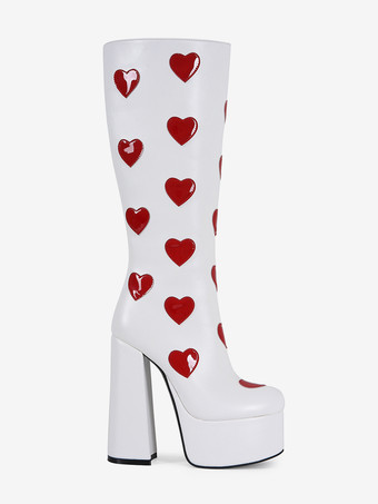 ホワイトニーハイブーツ プラスサイズ プラットフォーム ハート柄 チャンキーヒール GO GOブーツ