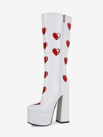 ホワイトニーハイブーツ プラスサイズ プラットフォーム ハート柄 チャンキーヒール GO GOブーツ