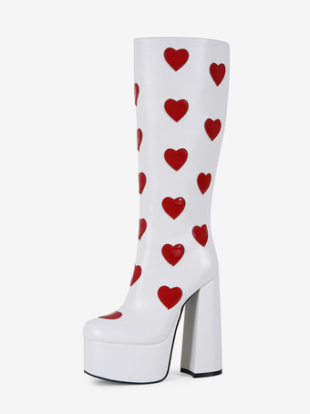 ホワイト ホワイトニーハイブーツ プラスサイズ プラットフォーム ハート柄 チャンキーヒール GO GOブーツ