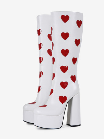 ホワイトニーハイブーツ プラスサイズ プラットフォーム ハート柄 チャンキーヒール GO GOブーツ