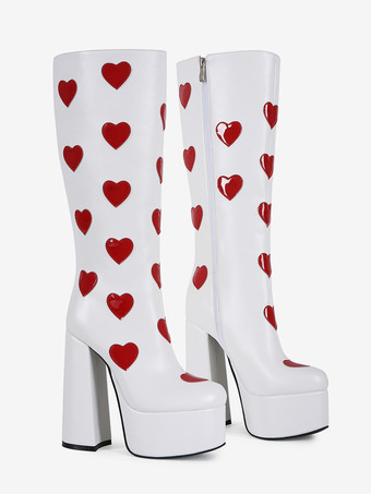 ホワイトニーハイブーツ プラスサイズ プラットフォーム ハート柄 チャンキーヒール GO GOブーツ