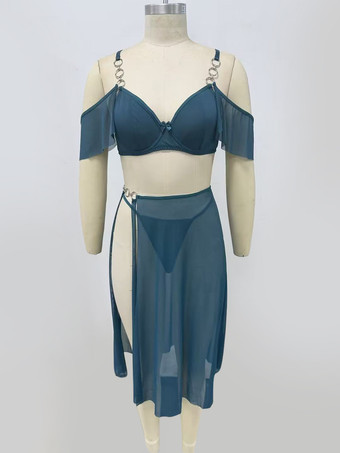 IndacoPigiama in poliestere bianco a strati 3 pezzi reggiseno mutandine gonna lingerie da notte