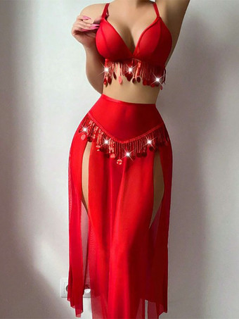 RotPyjama-Sets Rot Polyester Lagenfransen Innen 3-teilige Dessous