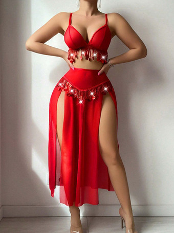 Pyjama-Sets Rot Polyester Lagenfransen Innen 3-teilige Dessous