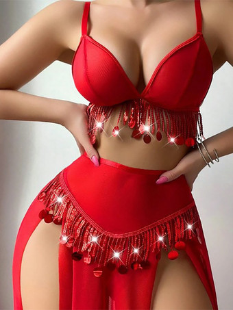 Pyjama-Sets Rot Polyester Lagenfransen Innen 3-teilige Dessous