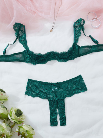 Dunkelgrün2-teilige Dessous-Sets mit ouvert- und schalenlosem BH und Höschen in Rot