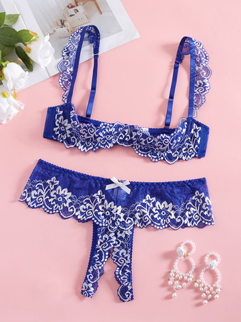 Dunkelblau 2-teilige Dessous-Sets mit ouvert- und schalenlosem BH und Höschen in Rot