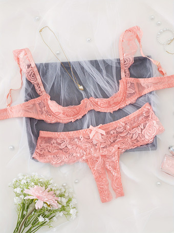 Rosa2-teilige Dessous-Sets mit ouvert- und schalenlosem BH und Höschen in Rot
