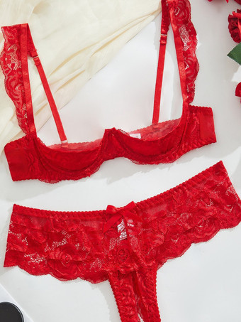 Rot2-teilige Dessous-Sets mit ouvert- und schalenlosem BH und Höschen in Rot