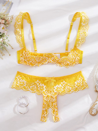 Gelb2-teilige Dessous-Sets mit ouvert- und schalenlosem BH und Höschen in Rot