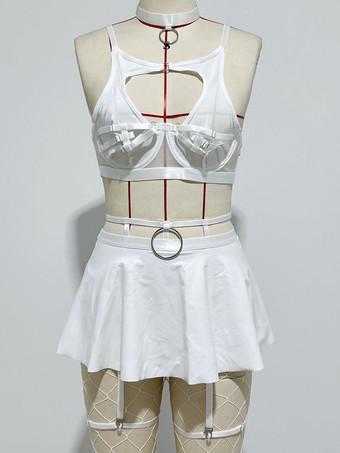 White Pajama Sets Red Metal Details Indoor Lingerie Bra Skirt Sets