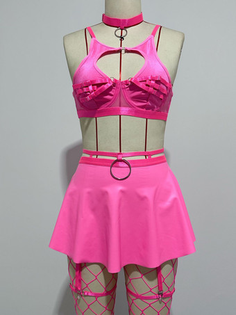 PinkPajama Sets Red Metal Details Indoor Lingerie Bra Skirt Sets