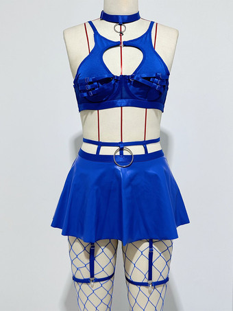 Blue Pajama Sets Red Metal Details Indoor Lingerie Bra Skirt Sets
