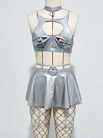 Silver Pajama Sets Red Metal Details Indoor Lingerie Bra Skirt Sets