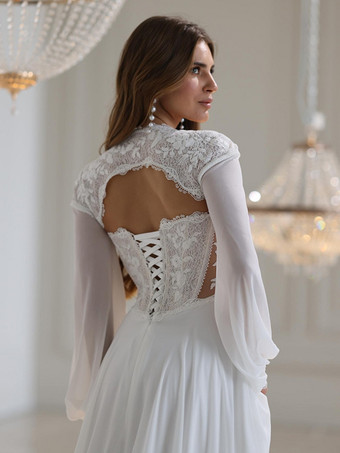 ホワイトウェディングラップ アイボリー ロングスリーブ オフショルダー ランタンスリーブ ショール レース ブライダルカバーアップ