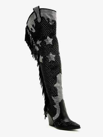 ブラックウエスタンブーツ ラインストーン ポインテッドトゥ ビーズ タッセル付き ニーハイブーツ