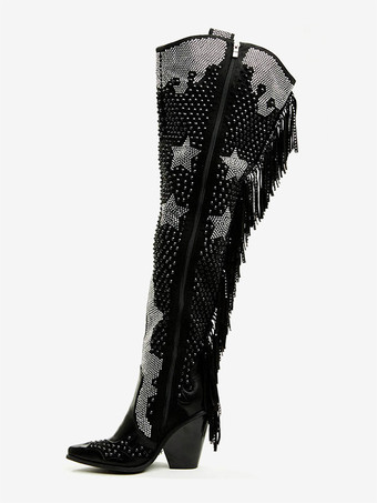 ブラックウエスタンブーツ ラインストーン ポインテッドトゥ ビーズ タッセル付き ニーハイブーツ