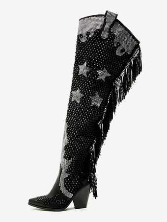 ブラック ブラックウエスタンブーツ ラインストーン ポインテッドトゥ ビーズ タッセル付き ニーハイブーツ