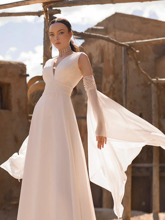 ボヘミアン風シンプルウェディングドレス シフォン Vネック 七分袖 レース Aライン ブライダルガウン