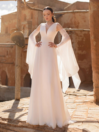ボヘミアン風シンプルウェディングドレス シフォン Vネック 七分袖 レース Aライン ブライダルガウン