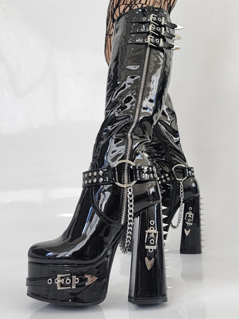ブラック メンズ セクシー ブラック プラットフォームブーツ チャンキーヒール パテントレザー アンクルブーツ チェーンバックルディテール