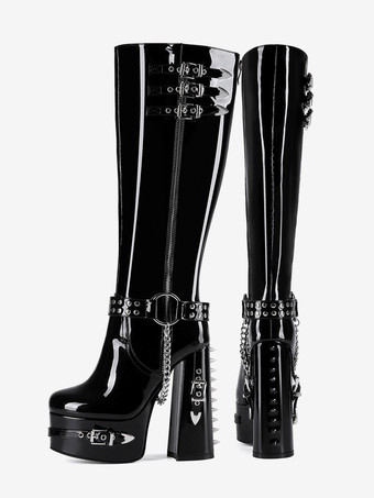 メンズ セクシー ブラック プラットフォームブーツ チャンキーヒール パテントレザー アンクルブーツ チェーンバックルディテール