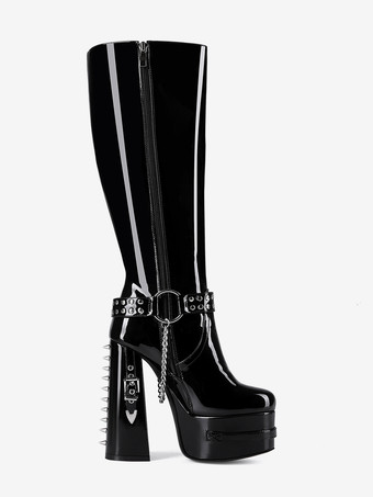 メンズ セクシー ブラック プラットフォームブーツ チャンキーヒール パテントレザー アンクルブーツ チェーンバックルディテール