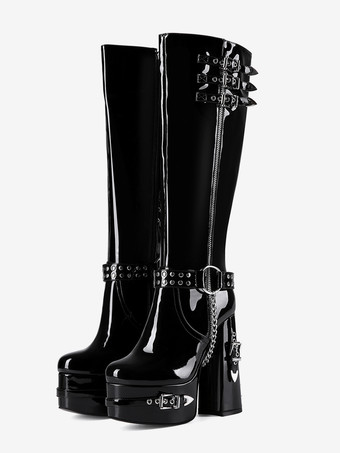 メンズ セクシー ブラック プラットフォームブーツ チャンキーヒール パテントレザー アンクルブーツ チェーンバックルディテール